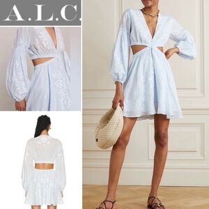 A.L.C. Irene Cutout Embroidered Ramie Mini Dress in Light Blue sz 0 $695 NWT